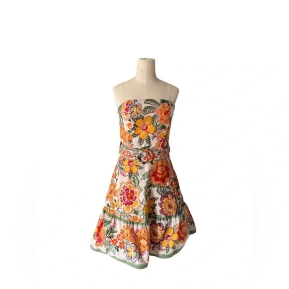 Joie Strapless Floral Dress – Boho Summer Sundress – Belted Fit & Flare - Picture 4 of 6